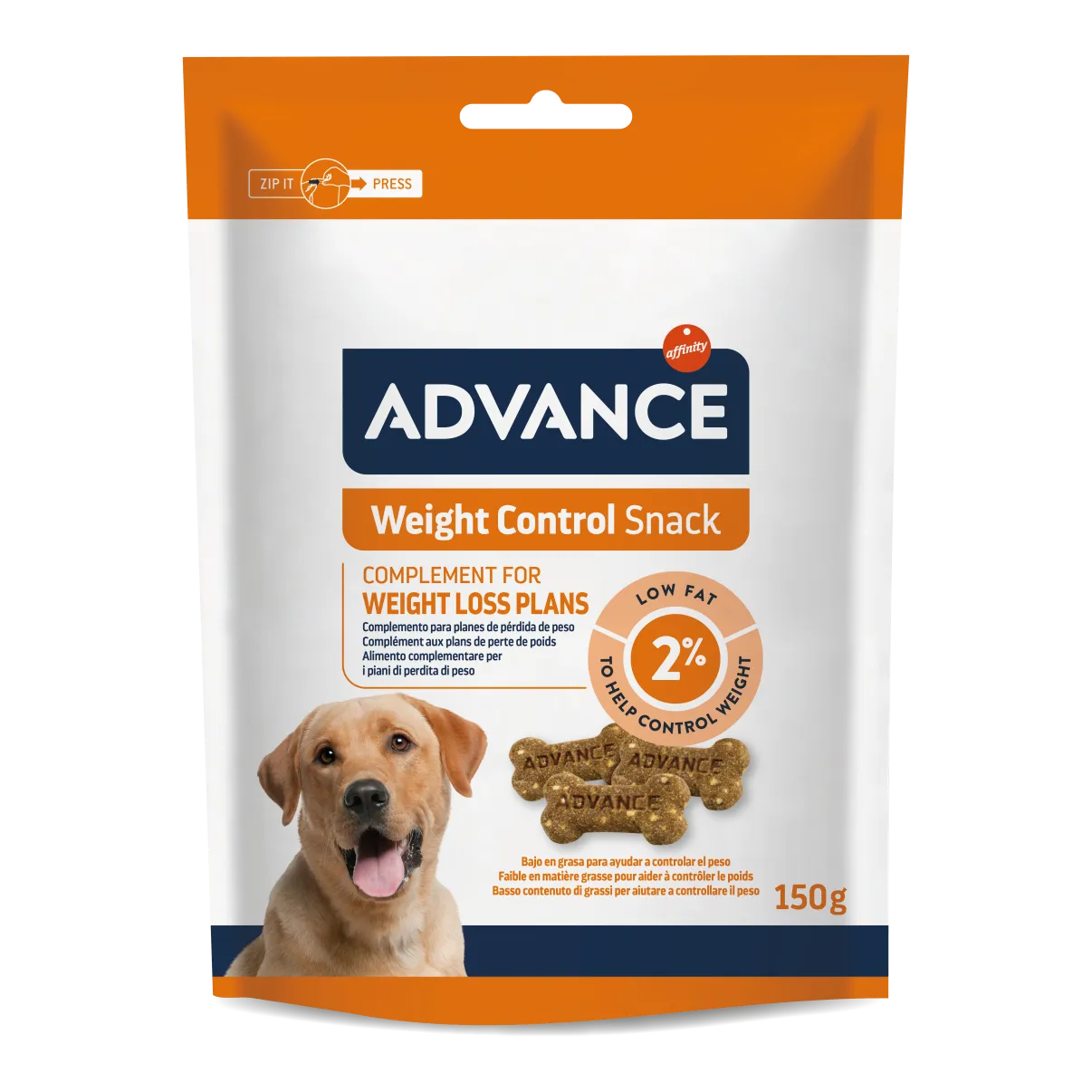 Pachet de 150g cu recompense Advance Appetite Control Snack pentru controlul poftei de mâncare și managementul greutății la câini.