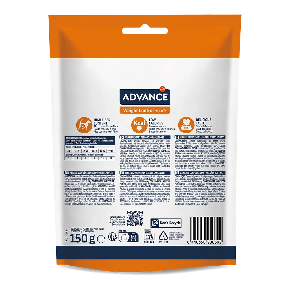 Pachet de 150g cu recompense Advance Appetite Control Snack pentru controlul poftei de mâncare și managementul greutății la câini.