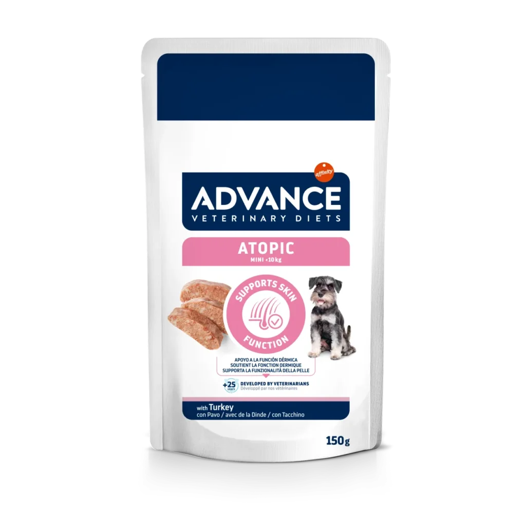 Plic de 150g cu hrană umedă dietetică Advance Atopic Mini cu curcan și aloe vera, tratament pentru câinii de talie mică cu dermatită și alergii.