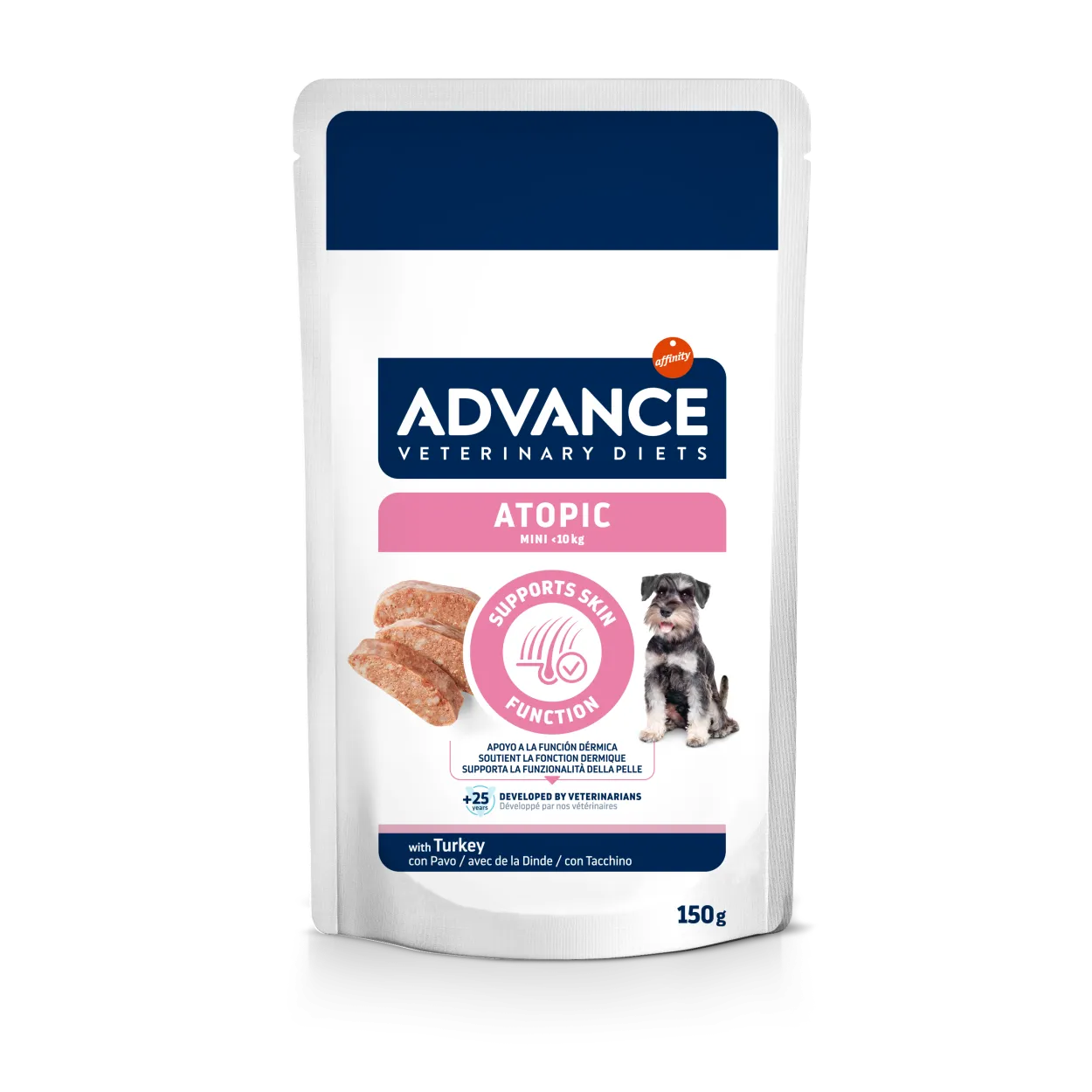 Plic de 150g cu hrană umedă dietetică Advance Atopic Mini cu curcan și aloe vera, tratament pentru câinii de talie mică cu dermatită și alergii.