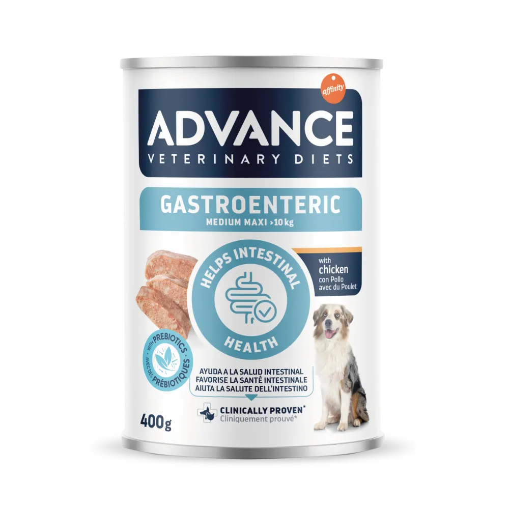 Consolă de 400g cu hrană umedă dietetică Advance Gastroenteric Medium/Maxi, pe bază de pui și orez, pentru câini de talie medie și mare cu probleme digestive.