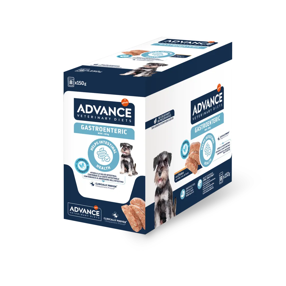 Plic de 150g cu hrană umedă dietetică Advance Gastroenteric Mini, special formulată cu pui și orez pentru câinii de talie mică cu afecțiuni digestive.