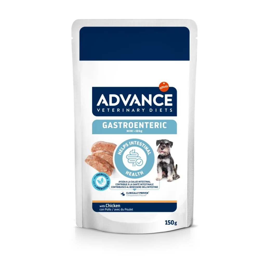 Plic de 150g cu hrană umedă dietetică Advance Gastroenteric Mini, special formulată cu pui și orez pentru câinii de talie mică cu afecțiuni digestive.