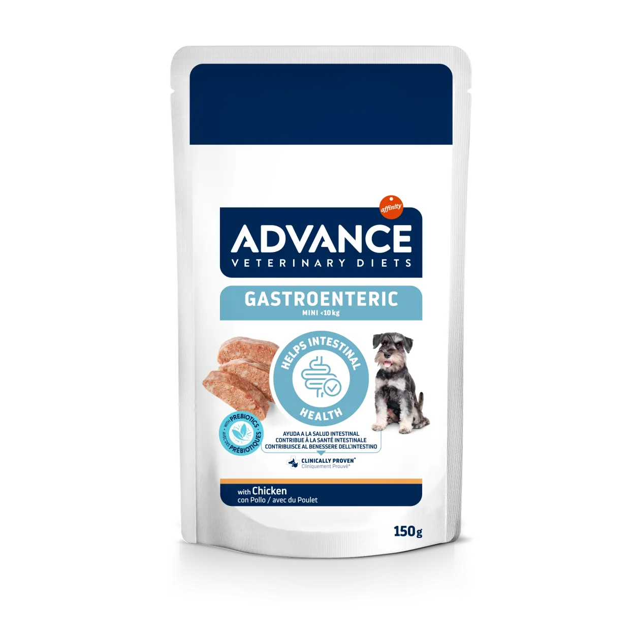 Plic de 150g cu hrană umedă dietetică Advance Gastroenteric Mini, special formulată cu pui și orez pentru câinii de talie mică cu afecțiuni digestive.
