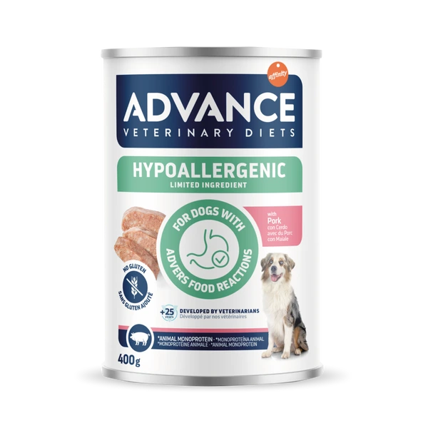 Conservă de 400g cu hrană umedă dietetică Advance Hypoallergenic cu carne de porc, creată special pentru câinii cu alergii și intoleranțe alimentare.