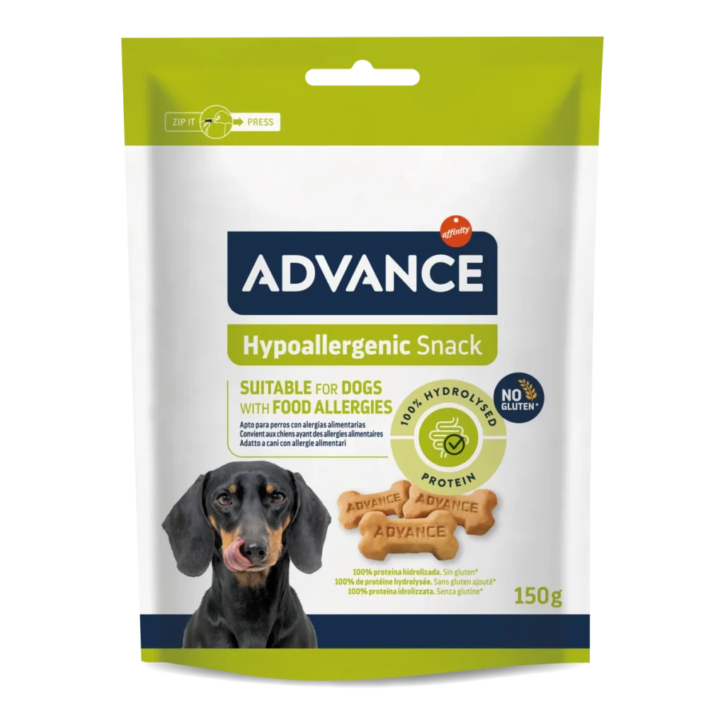 Pachet de 150g cu recompense pentru câini Advance Hypoallergenic Snack, biscuiți moi cu proteine hidrolizate pentru câini cu alergii și intoleranțe.