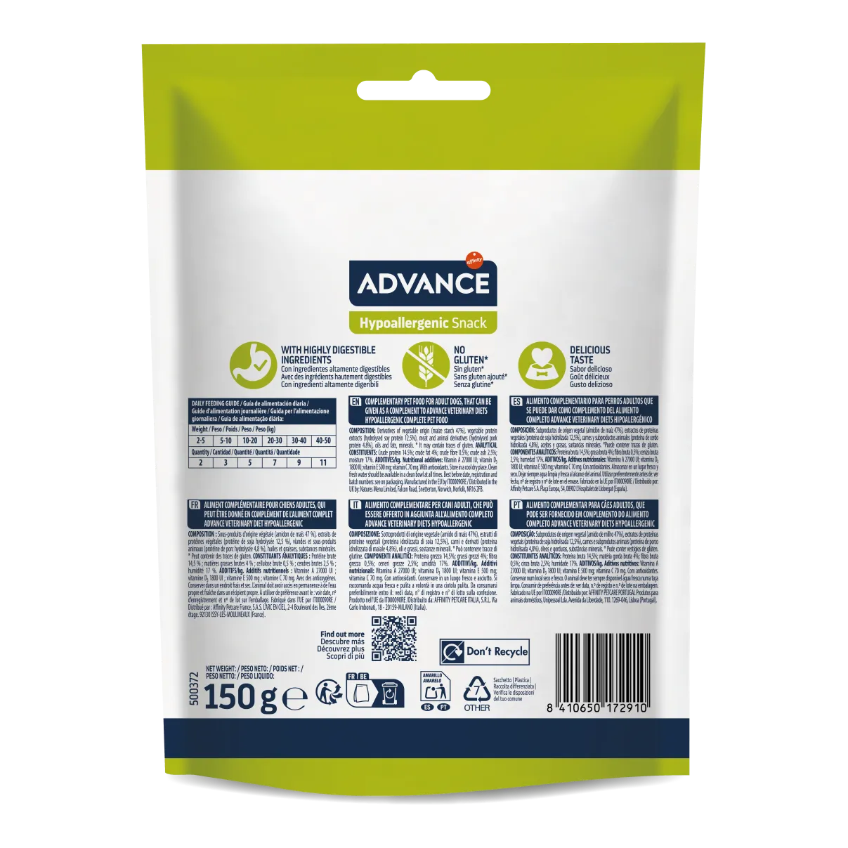 Pachet de 150g cu recompense pentru câini Advance Hypoallergenic Snack, biscuiți moi cu proteine hidrolizate pentru câini cu alergii și intoleranțe.