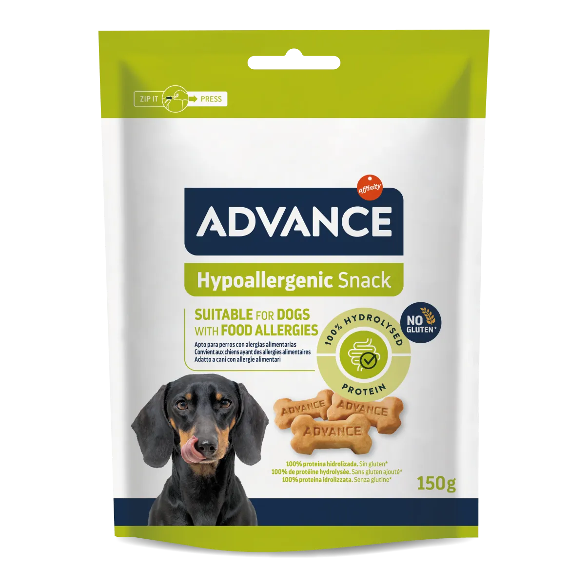 Pachet de 150g cu recompense pentru câini Advance Hypoallergenic Snack, biscuiți moi cu proteine hidrolizate pentru câini cu alergii și intoleranțe.