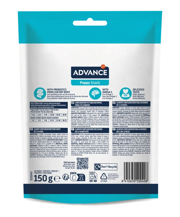 Pachet de 150g cu recompense pentru puii de câine Advance Puppy Snack, cu textură moale, Omega-3 și prebiotice, ideale pentru dresaj și dezvoltare.