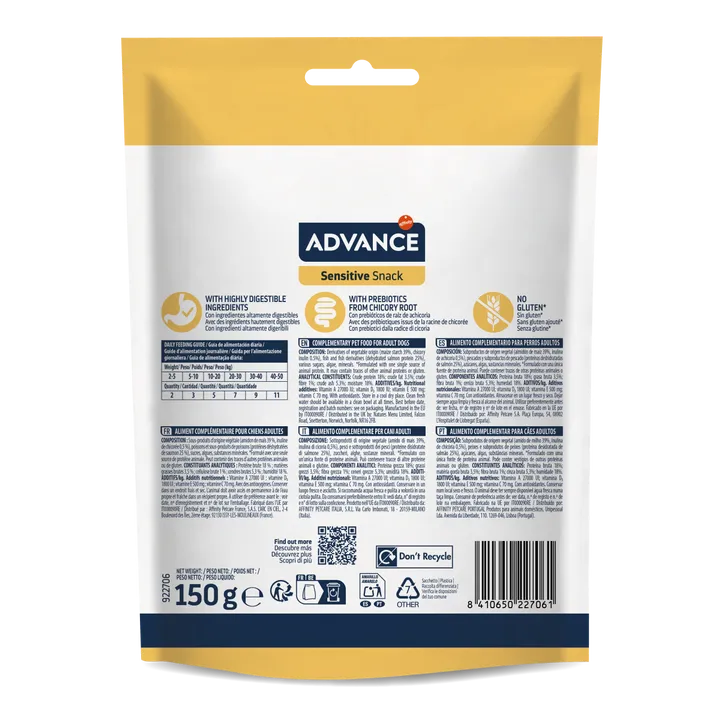 Pachet de 150g cu recompense pentru câini Advance Sensitive Snack, cu textură moale, somon și prebiotice, special pentru sensibilități digestive.