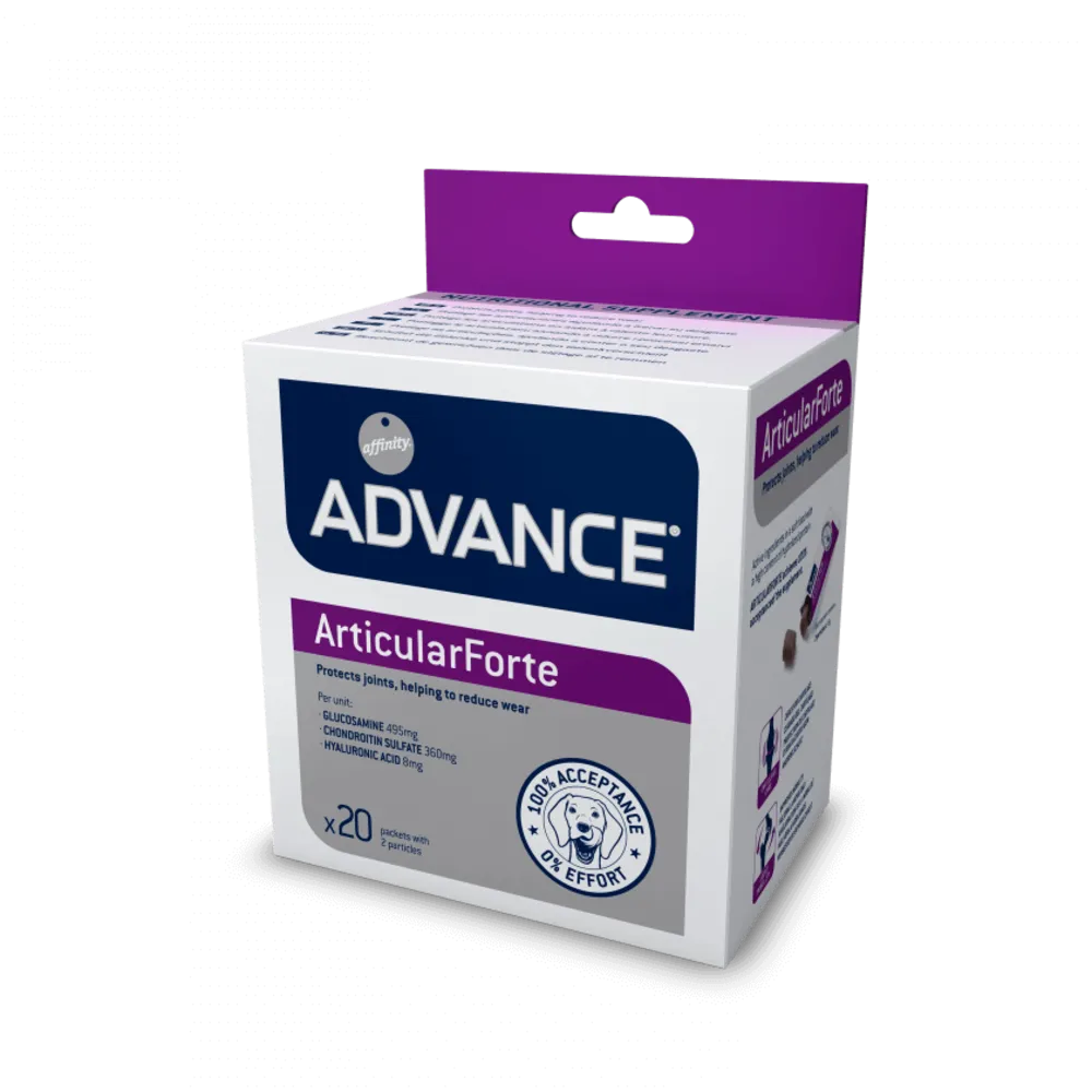 Cutie de 200g cu suplimente masticabile Advance Veterinary Diets ArticularForte, tratament pentru refacerea articulațiilor și cartilajelor la câini.