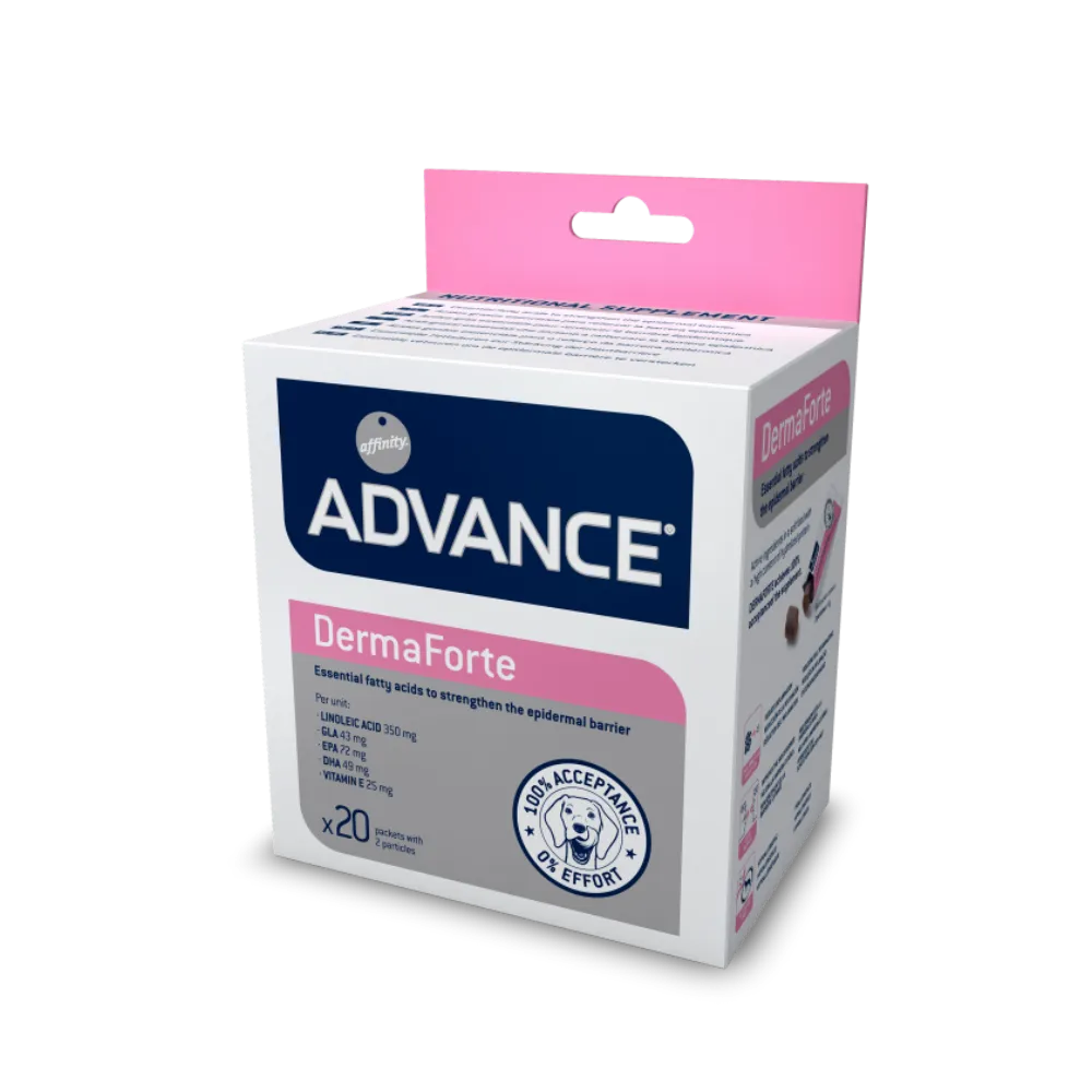 Pachet de suplimente nutritive Advance Veterinary Diets DermaForte sub formă de gustări, cu proteine hidrolizate și Omega 3/6 pentru câinii cu probleme dermatologice.