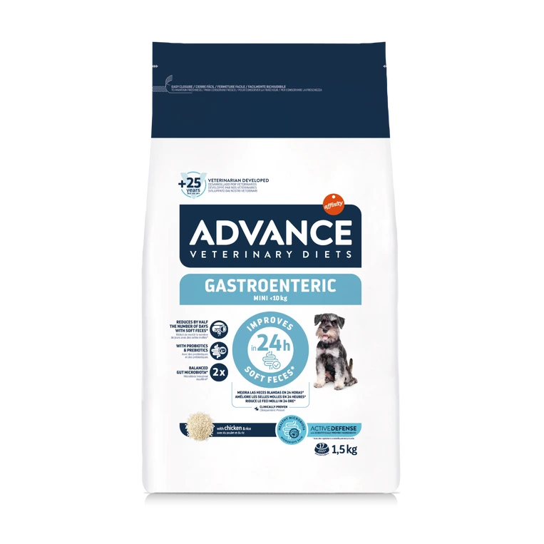 Sac de hrană dietetică uscată Advance Gastroenteric Mini pentru câini de talie mică, pe bază de pui și orez, formulată pentru tulburări digestive.