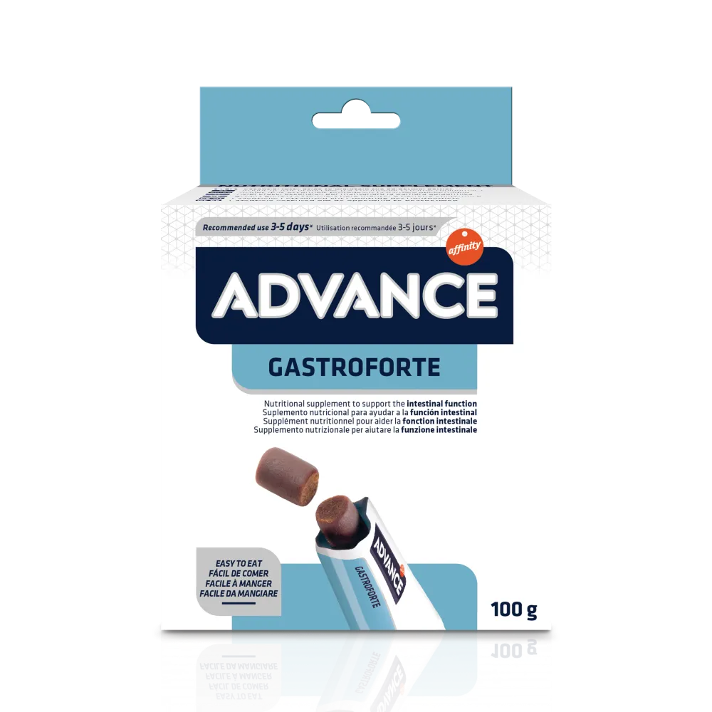 Cutie cu suplimente masticabile Advance Veterinary Diets GastroForte (100g) pentru câini, cu smectită și prebiotice pentru oprirea diareei.