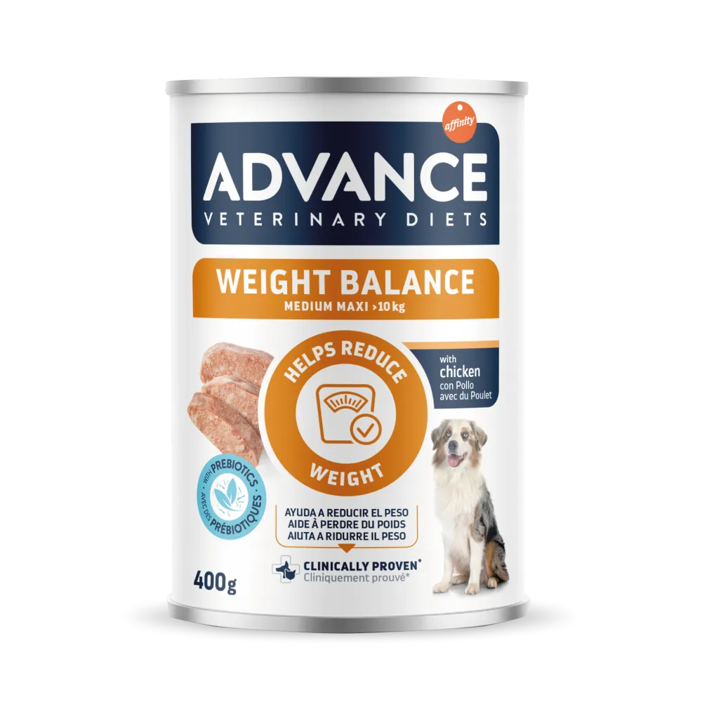 Consolă de 400g cu hrană umedă dietetică Advance Weight Balance Medium/Maxi, pentru managementul greutății și reducerea obezității la câinii de talie medie și mare.