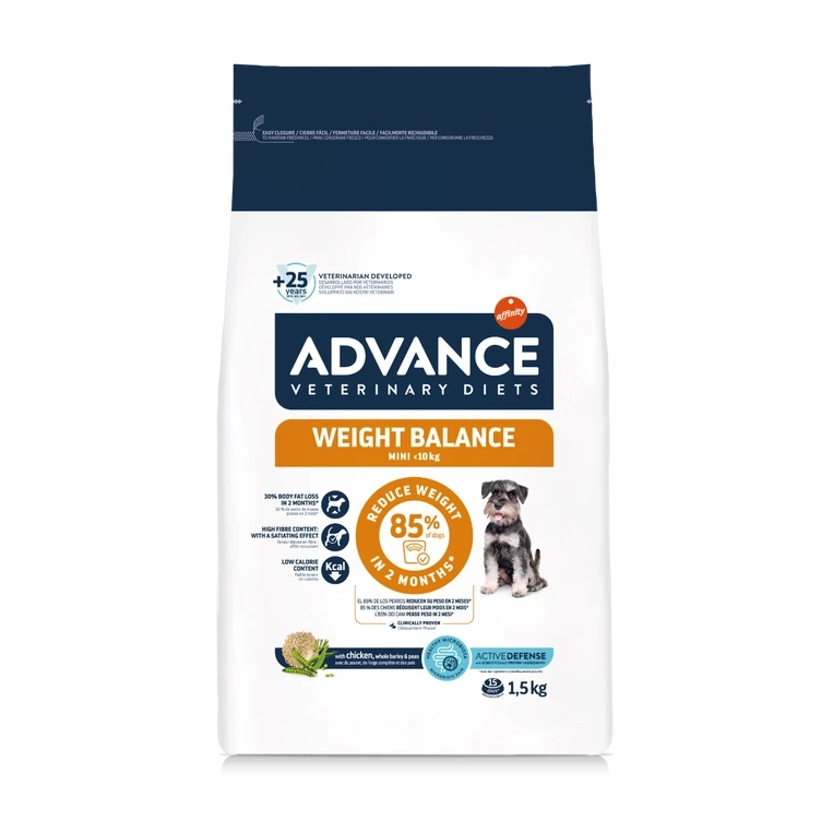 Sac de 1.5kg de hrană uscată dietetică Advance Weight Balance Mini pentru câini de talie mică, special formulată pentru reducerea greutății și controlul obezității.