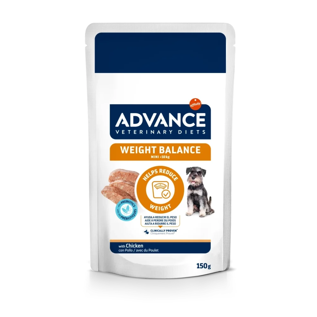 Plic de 150g cu hrană umedă dietetică Advance Weight Balance Mini, creată pentru câinii de talie mică aflați într-un program de reducere a greutății.