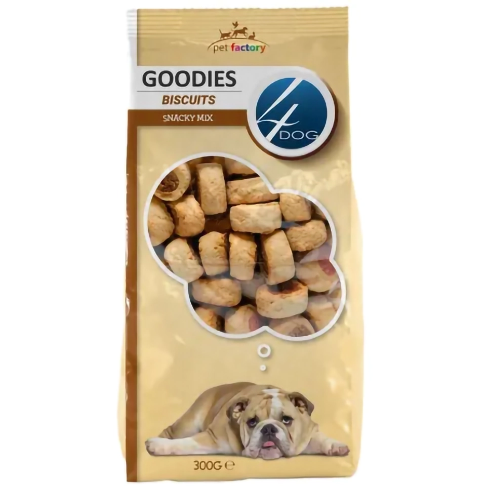 Pachet de 300g cu biscuiți asortați pentru câini 4DOG Mix Goodies, recompense crocante ideale pentru susținerea igienei dentare și dresaj.