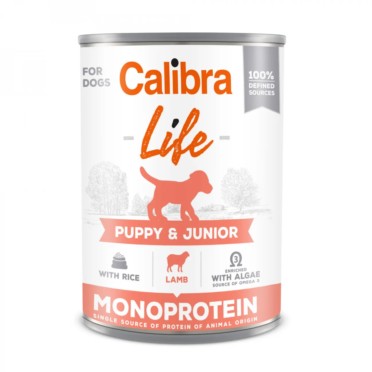 Conservă de hrană umedă Calibra Dog Life Puppy & Junior cu miel și orez, recomandată pentru cățeii în creștere și femelele lactante.