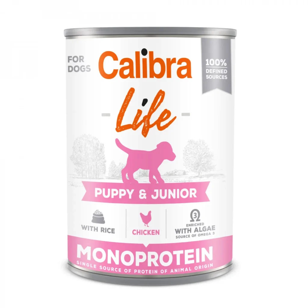 Conservă de hrană umedă Calibra Dog Life Puppy & Junior cu pui și orez, formulată special pentru digestia sensibilă a cățeilor în creștere.