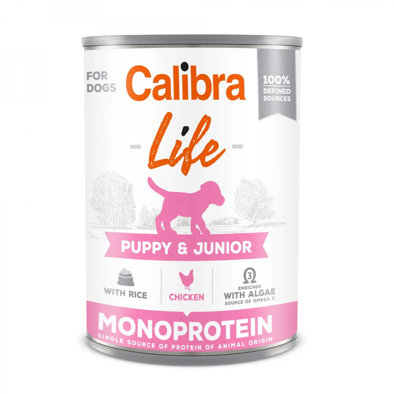 Conservă de hrană umedă Calibra Dog Life Puppy & Junior cu pui și orez, formulată special pentru digestia sensibilă a cățeilor în creștere.