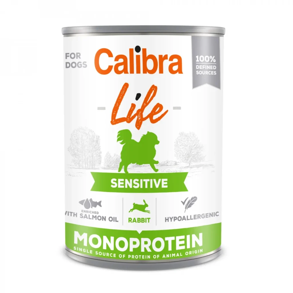 Conservă de hrană umedă Calibra Dog Life Sensitive cu iepure, fără cereale, pentru câini cu sensibilități digestive.