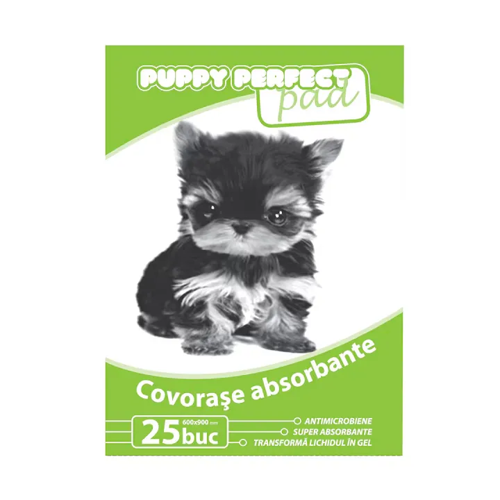 Set de 25 covorașe absorbante igienice Perfect Pad pentru câini, dimensiune 60x90 cm, prevăzute cu benzi adezive pentru fixare pe podea.