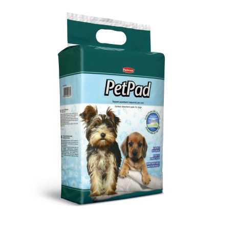 Set de covorașe absorbante igienice Padovan PetPad, dotate cu bază impermeabilă și benzi adezive pentru fixare pe podea.