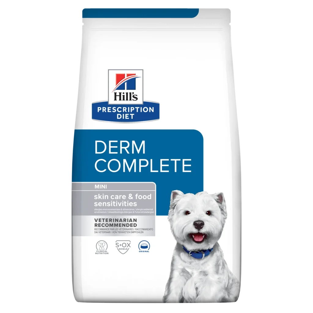 Sac de hrană uscată dietetică Hill's Prescription Diet Derm Complete Mini, tratament clinic pentru câinii de talie mică cu alergii alimentare și dermatite.