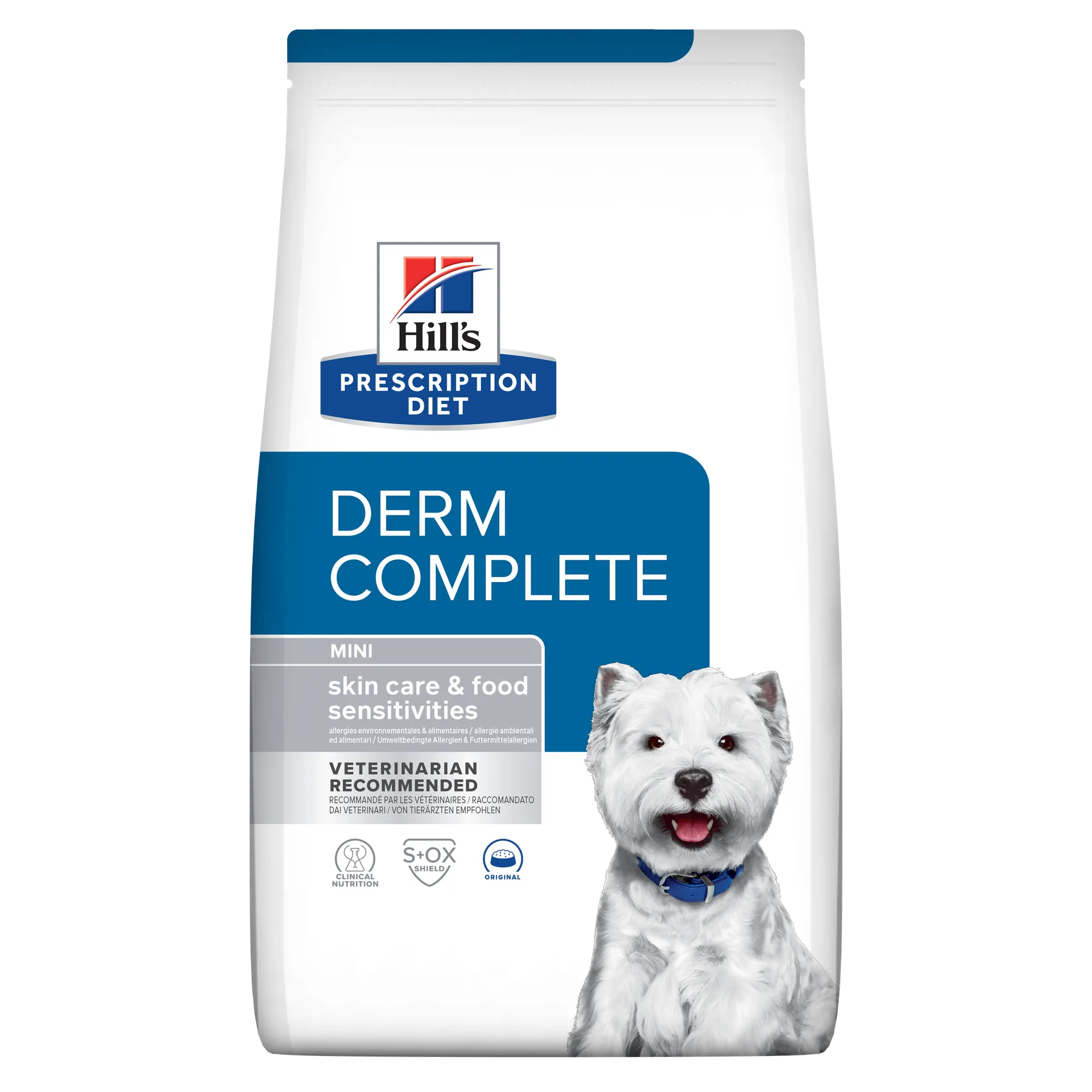 Sac de hrană uscată dietetică Hill's Prescription Diet Derm Complete Mini, tratament clinic pentru câinii de talie mică cu alergii alimentare și dermatite.