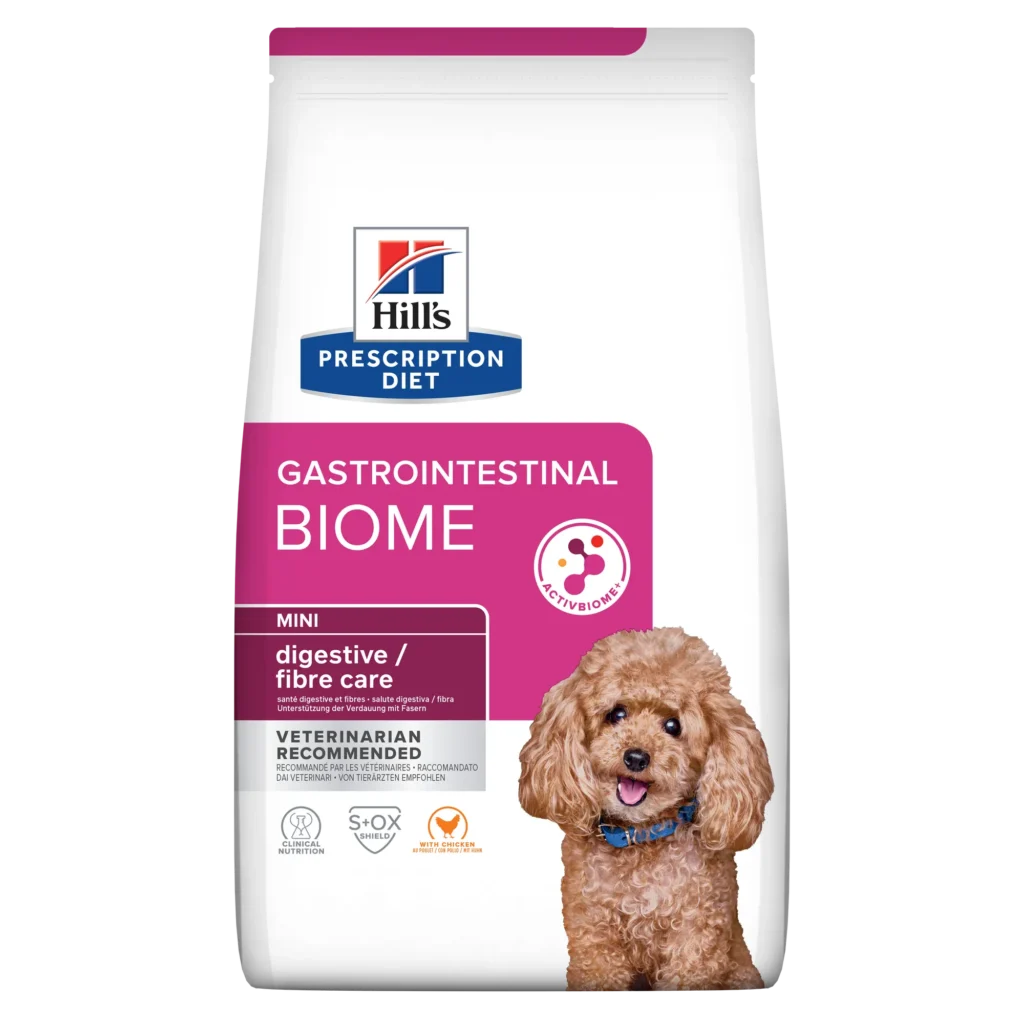 Sac de hrană uscată dietetică Hill's Prescription Diet Gastrointestinal Biome Mini cu pui, concepută pentru microbiomul câinilor de talie mică.