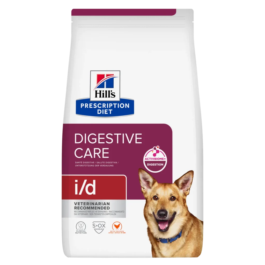 Sac de hrană uscată dietetică Hill's Prescription Diet i/d Digestive Care cu pui, concepută pentru câinii și cățelușii cu probleme digestive.