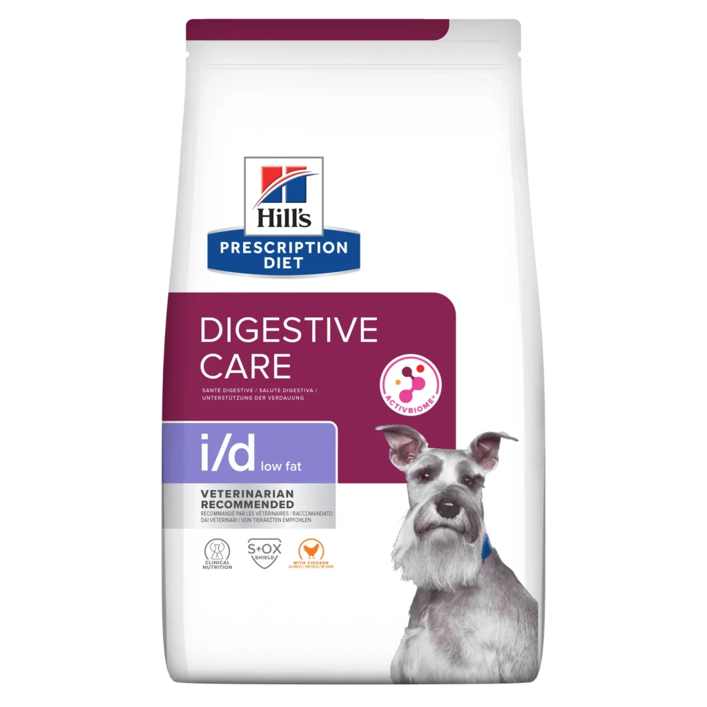 Sac de hrană uscată dietetică Hill's Prescription Diet i/d Low Fat cu pui, formulată cu grăsimi reduse pentru câinii cu sensibilități digestive și pancreatită.