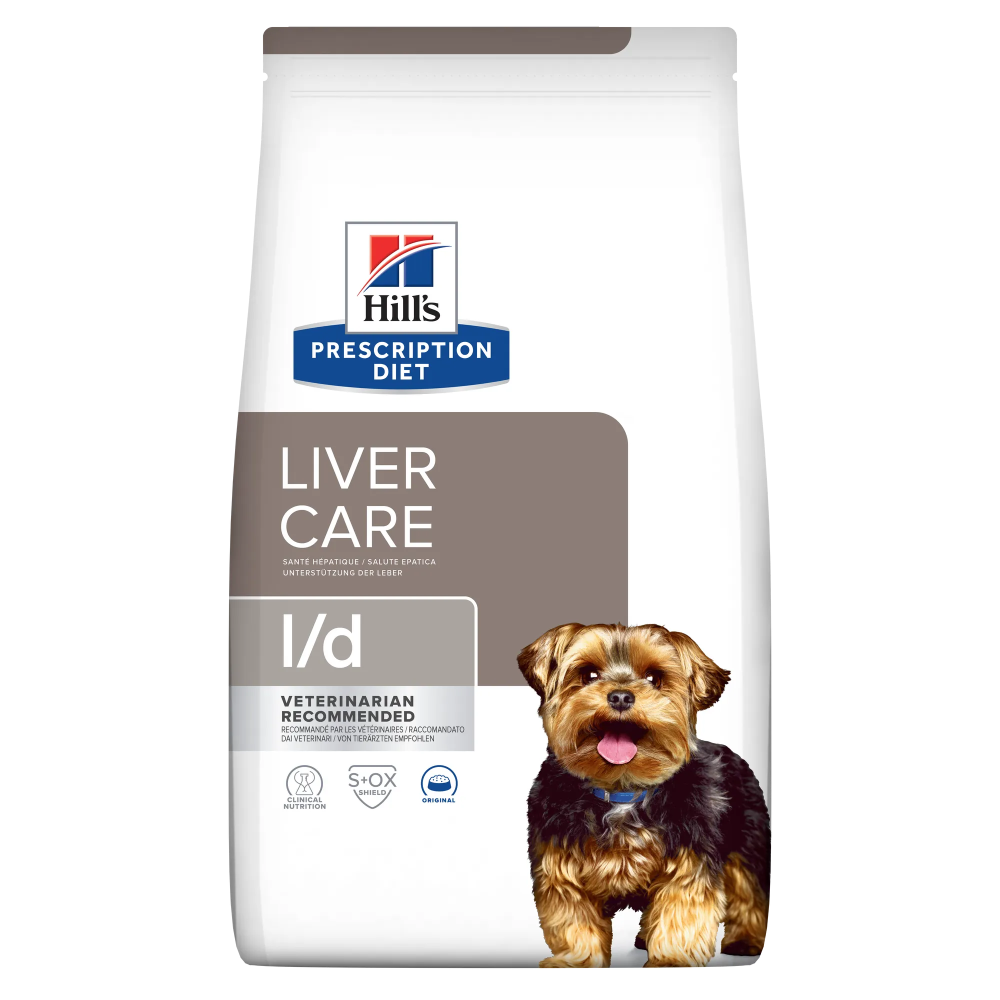 Sac de hrană uscată dietetică Hill's Prescription Diet l/d Liver Care, special concepută pentru susținerea funcției hepatice și regenerarea ficatului la câini.