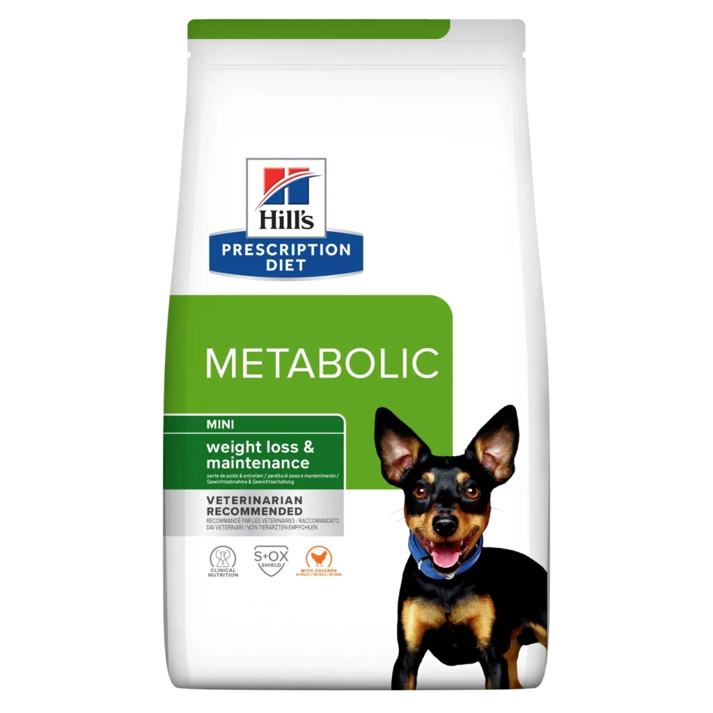 Sac de hrană uscată dietetică Hill's Prescription Diet Metabolic Mini cu pui, concepută pentru slăbirea câinilor de talie mică.