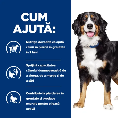 Sac de hrană uscată dietetică Hill's Prescription Diet Metabolic + Mobility cu pui, formulată pentru slăbire și susținerea articulațiilor la câini.