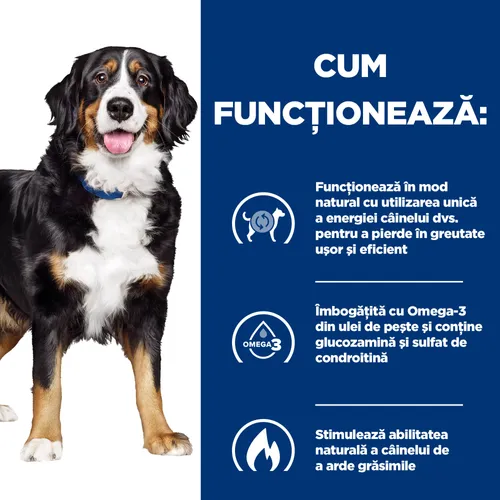 Sac de hrană uscată dietetică Hill's Prescription Diet Metabolic + Mobility cu pui, formulată pentru slăbire și susținerea articulațiilor la câini.
