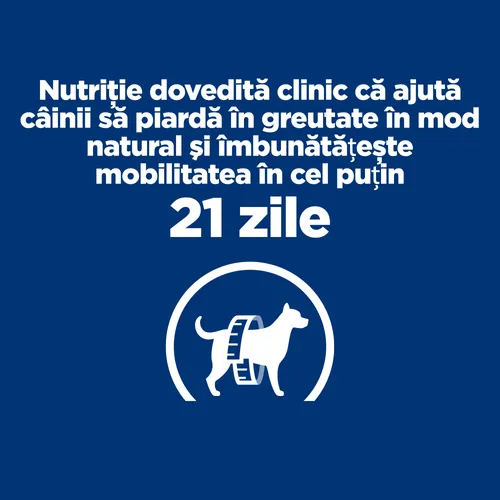 Sac de hrană uscată dietetică Hill's Prescription Diet Metabolic + Mobility cu pui, formulată pentru slăbirea sănătoasă și susținerea articulațiilor la câini.