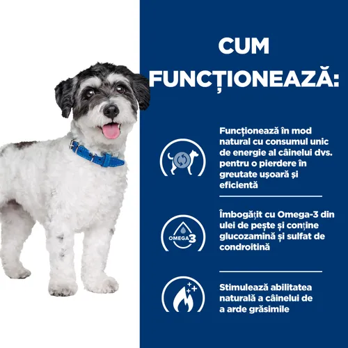 Sac de hrană uscată dietetică Hill's Prescription Diet Metabolic + Mobility Mini cu pui, pentru câinii de talie mică cu afecțiuni articulare și probleme de greutate.