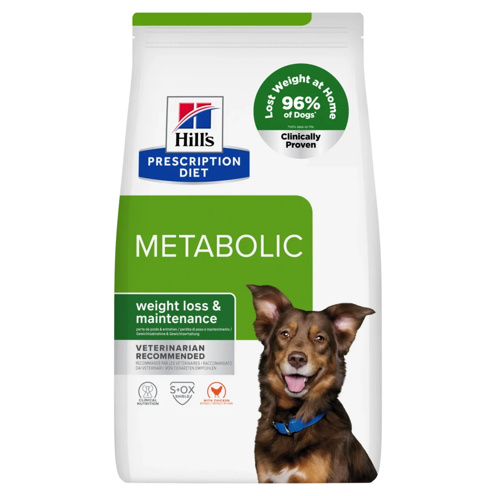 Sac de hrană uscată dietetică Hill's Prescription Diet Metabolic Weight Management cu pui, formulată clinic pentru slăbirea sănătoasă a câinilor.