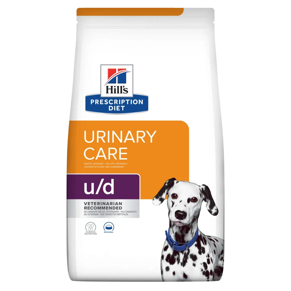 Sac de hrană uscată dietetică Hill's Prescription Diet u/d Urinary Care, special formulată pentru prevenirea și reducerea calculilor de urat și cistină la câini.