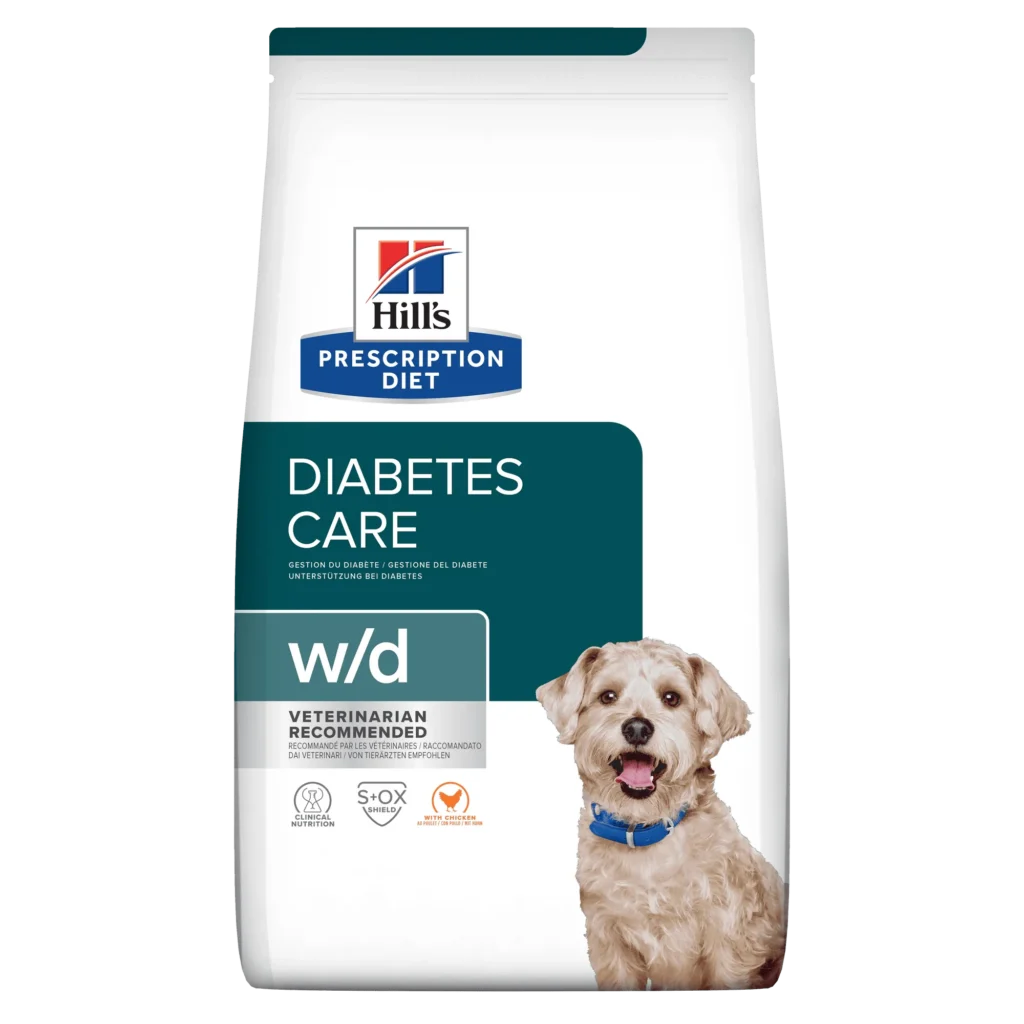 Sac de hrană uscată dietetică Hill's Prescription Diet w/d cu pui, formulată pentru controlul diabetului la câini.