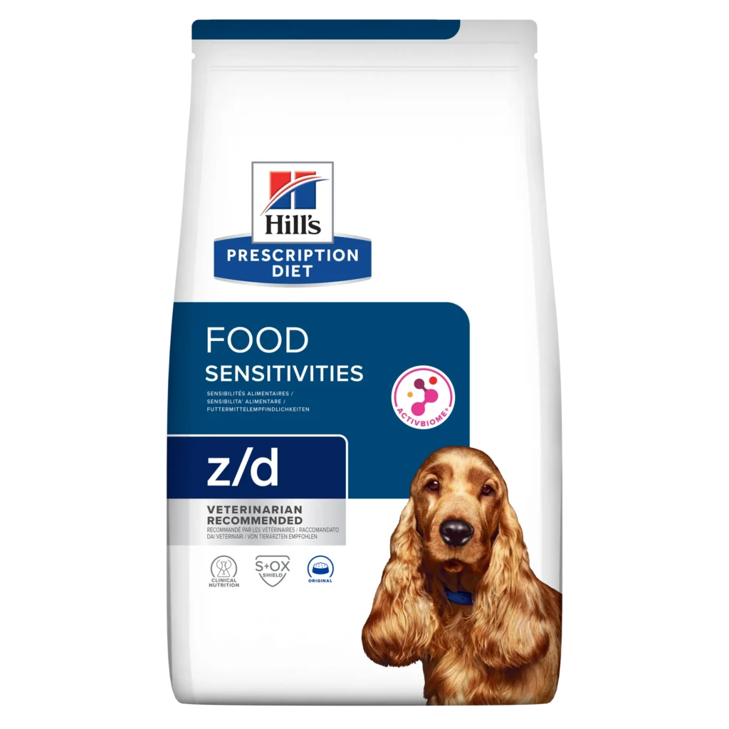 Hill's, Prescription Diet, z/d, Food Sensitivities, hrana uscata caini, dieta veterinara, alergii alimentare, intolerante, proteine hidrolizate, amidon de porumb, digestie sensibila, piele sensibila, hipoalergenic