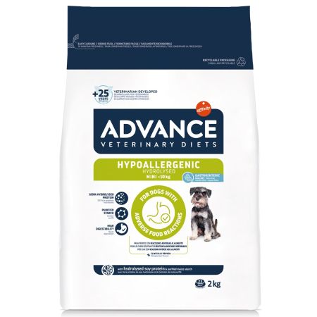 Sac de 2 kg cu hrană uscată dietetică Advance Hypoallergenic Mini, cu proteine hidrolizate, formulată pentru câinii de talie mică cu alergii alimentare.