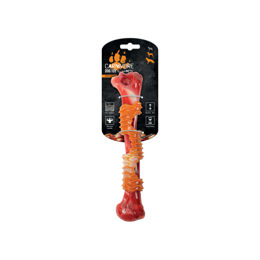 Jucărie rezistentă pentru câini M-PETS Carnivore sub formă de os tip băț, cu aromă de bacon pentru mestecat.
