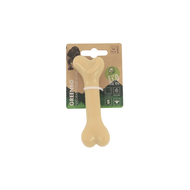 Jucărie ecologică pentru câini M-PETS Greenbo sub formă de os, realizată din cauciuc natural durabil.