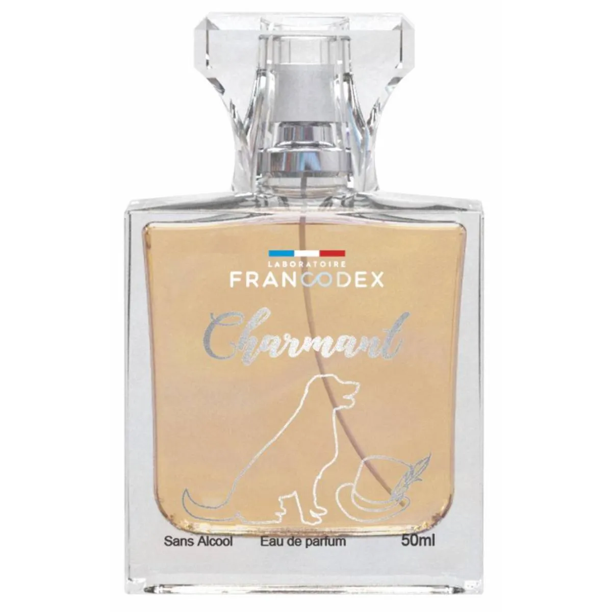 Flacon de 50ml de parfum pentru câini Francodex Charmant cu o notă elegantă și lemnoasă, special conceput pentru prospețimea blănii și protejarea pielii sensibile.