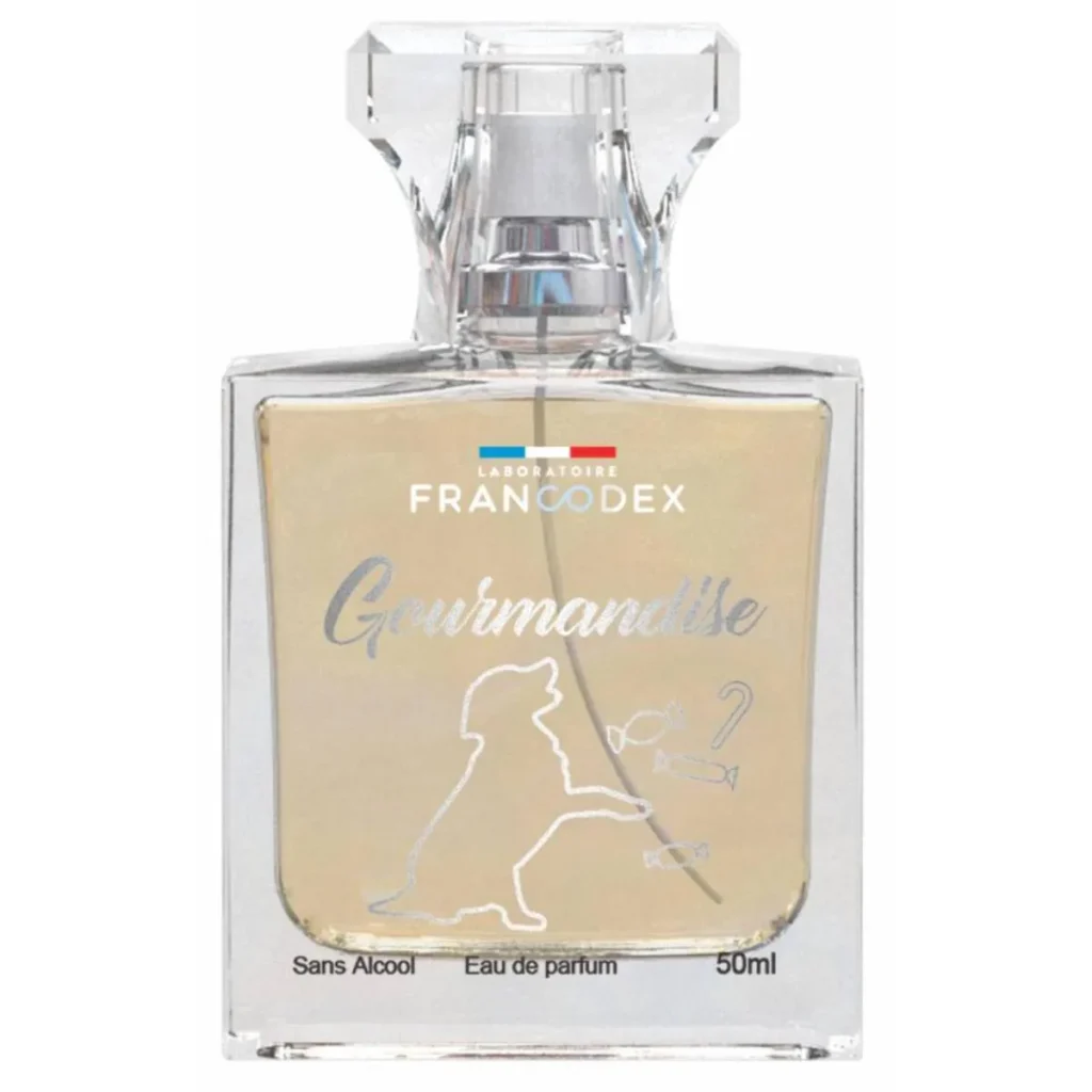 Flacon de 50ml de parfum pentru câini Francodex Dog Gourmandise cu aromă delicioasă de vanilie, ideal pentru prospețimea blănii și protejarea pielii sensibile.