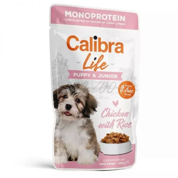 Pliculeț de hrană umedă Calibra Dog Life Puppy & Junior cu 70% carne de pui și orez, 150 g, pentru căței și câini tineri.