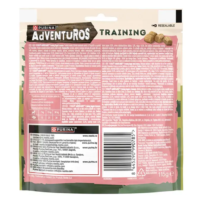 Recompense pentru dresaj câini Purina AdVENTuROS Training cu aromă de somon, bucăți mici în ambalaj cu închidere ermetică.